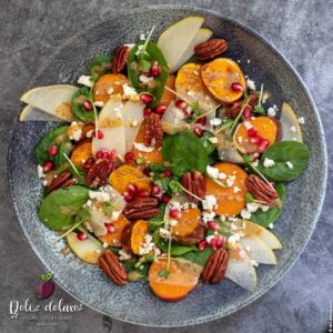 Gebackener Suesskartoffel-Salat mit Birnen Senfdressing